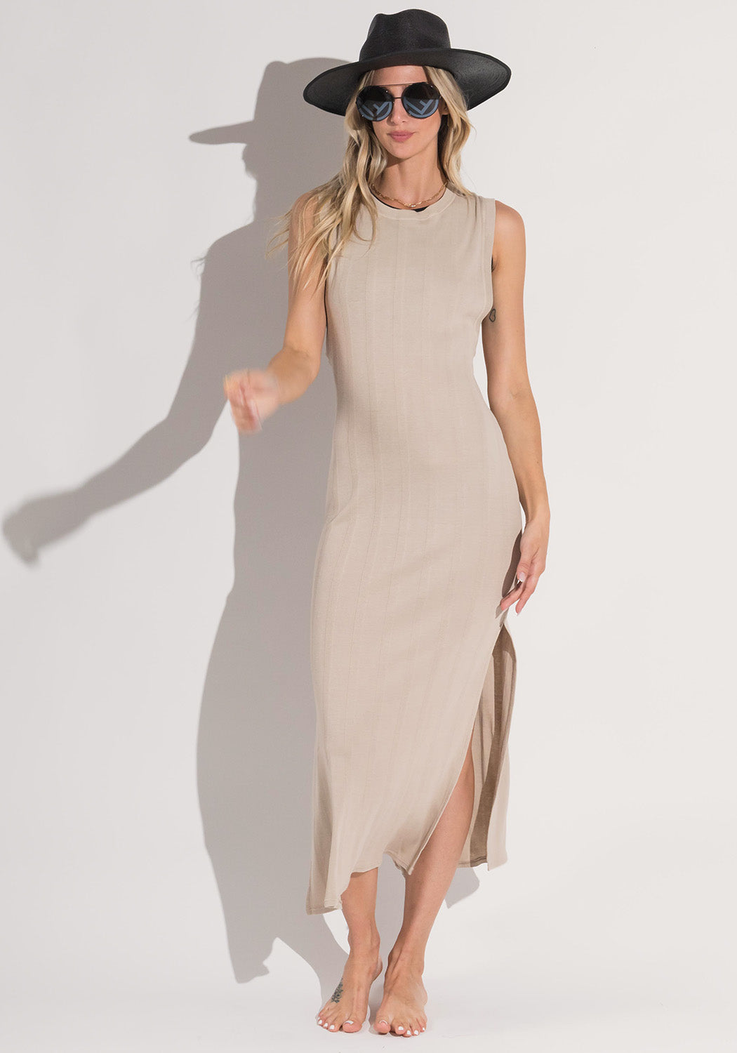 Jenna Midi Cotton Rib Slit Dress in Sand – Wendy Glez