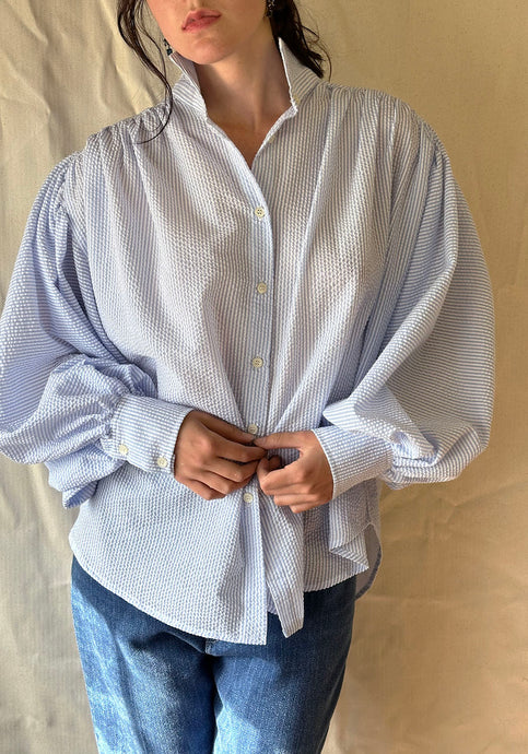 Joan D'Arc Seersucker French Blue Stripes Ruched Puff Sleeve