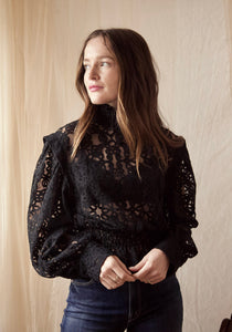 Camilla Smocked Lace Shirt in Black